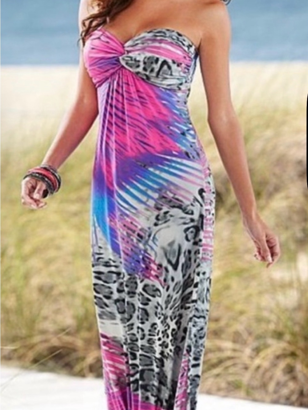 Vintage y2k VENUS Strapless Pink Purple Ombre Animal-Print Maxi Dress